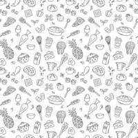 Cooking doodle black and white  seamless pattern. Kitchen elements vector background. Cute repeat outline illustrations with utensils, kitchenware, food, meal ingredients. Fruits, vegetables, bakery