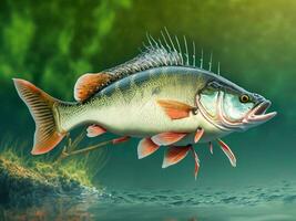 Fishing trophy - big freshwater perch in water on green background. Ai Generative. photo