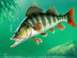 Fishing trophy - big freshwater perch in water on green background. Ai Generative. photo