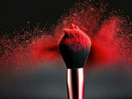 Makeup brush with red powder isolated on transparent or dark background. Ai Generative. photo