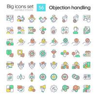 Objection handling RGB color icons big set. Sales strategy. Closing deal. Successful salesman. Customer need. Isolated vector illustrations. Simple filled line drawings collection. Editable stroke