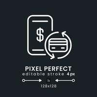 Payments white linear desktop icon on black. Accounting tool. Money transfer software. E commerce. Pixel perfect 128x128, outline 4px. Isolated user interface symbol for dark theme. Editable stroke vector