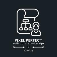 Project management white linear desktop icon on black. Time tracking. Collaboration software. Pixel perfect 128x128, outline 4px. Isolated user interface symbol for dark theme. Editable stroke vector