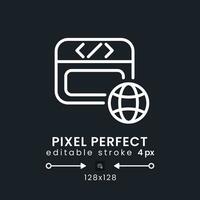 Website host white linear desktop icon on black. Domain registration. Protected server network. Pixel perfect 128x128, outline 4px. Isolated user interface symbol for dark theme. Editable stroke vector