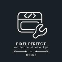 Website builder white linear desktop icon on black. Small business software. Without coding. Pixel perfect 128x128, outline 4px. Isolated user interface symbol for dark theme. Editable stroke vector