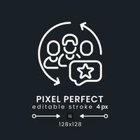 CRM apps white linear desktop icon on black. Marketing software. Customer relationship management. Pixel perfect 128x128, outline 4px. Isolated user interface symbol for dark theme. Editable stroke vector