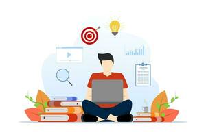 concept of designing remote work technology for online education and learning and student using computer to study. Online education for students. Flat vector illustration on a white background.