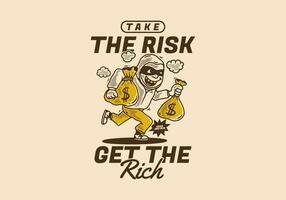 Take the risk get the rich. Bank robber character holding a money sack vector