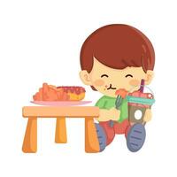 A cute little boy enjoying a pastry or snack with his coffee vector