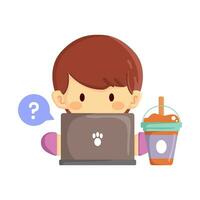 A cute little boy is checking or replying to messages over coffee vector