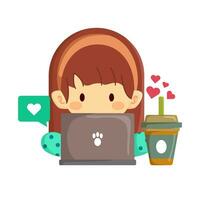 A cute little girl is checking or replying to messages over coffee vector
