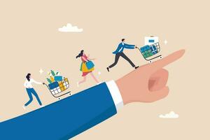 Affiliate marketing, promotion or customer invitation to buy product, loyalty reward program, advertising or marketing communication strategy, pointing hand with customer buy products shopping cart. vector