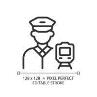 Train driver pixel perfect linear icon. Railroad occupation. Rail crew. Locomotive operator. Public transport. Thin line illustration. Contour symbol. Vector outline drawing. Editable stroke