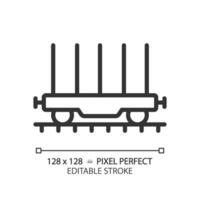 Flatcar pixel perfect linear icon. Freight railroad car. Open platform. Shipping container. Rolling stock. Thin line illustration. Contour symbol. Vector outline drawing. Editable stroke