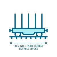 Flatcar pixel perfect blue RGB color icon. Freight railroad car. Open platform. Shipping container. Rolling stock. Isolated vector illustration. Simple filled line drawing. Editable stroke