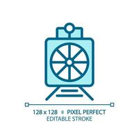 Rotary snow plow pixel perfect blue RGB color icon. Steam train. Railroad maintenance. Road cleaning. Heavy machine. Isolated vector illustration. Simple filled line drawing. Editable stroke