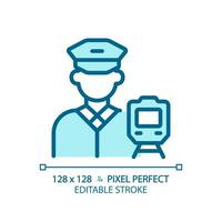 Train driver pixel perfect blue RGB color icon. Railroad occupation. Rail crew. Locomotive operator. Public transport. Isolated vector illustration. Simple filled line drawing. Editable stroke