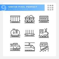 Railway logistics pixel perfect linear icons set. Rail freight transport. Railroad track. Train wagon. Customizable thin line symbols. Isolated vector outline illustrations. Editable stroke