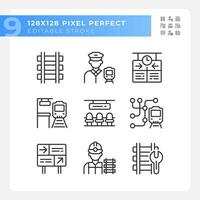 Railroad industry pixel perfect linear icons set. Railway station. Passenger rail. Rapid transit. Customizable thin line symbols. Isolated vector outline illustrations. Editable stroke