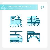 Locomotive pixel perfect blue RGB color icons set. Train engine. Rail technology. Railway transport. Isolated vector illustrations. Simple filled line drawings collection. Editable stroke