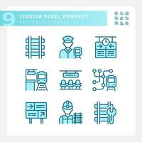 Railroad industry pixel perfect blue RGB color icons set. Railway station. Passenger rail. Rapid transit. Isolated vector illustrations. Simple filled line drawings collection. Editable stroke