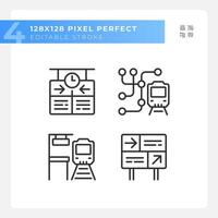 Railway station pixel perfect linear icons set. Train platform. Rail travel. Transport system. Customizable thin line symbols. Isolated vector outline illustrations. Editable stroke