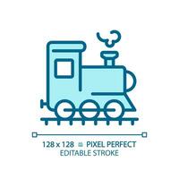 Steam locomotive pixel perfect blue RGB color icon. Rail vehicle. Retro train. Railway transport. Industrial revolution. Isolated vector illustration. Simple filled line drawing. Editable stroke