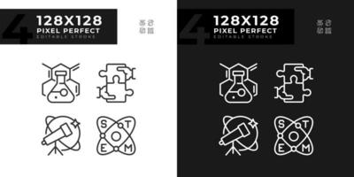 STEM impact on education pixel perfect linear icons set for dark, light mode. Innovative technology of research. Thin line symbols for night, day theme. Isolated illustrations. Editable stroke vector