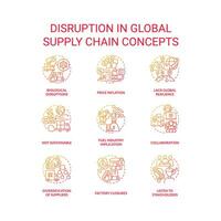 Disruption in global supply chain red gradient concept icons set. International logistics idea thin line color illustrations. Isolated symbols vector