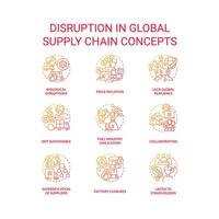 Disruption in global supply chain red gradient concept icons set. International logistics idea thin line color illustrations. Isolated symbols vector