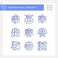 Opportunities of STEM education pixel perfect gradient linear vector icons set. Innovative scientific methods. Thin line contour symbol designs bundle. Isolated outline illustrations collection