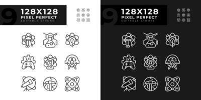 Opportunities of STEM education pixel perfect linear icons set for dark, light mode. Innovative scientific methods. Thin line symbols for night, day theme. Isolated illustrations. Editable stroke vector