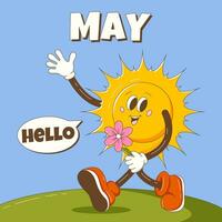 Hello May. Retro groovy sun character greets and holding a flower in hand. Spring background, square format, dialog box. Vector cartoon illustration.