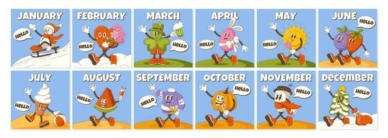 Hello every month. Retro groovy characters, symbol months of year and holidays. Cartoon vector collection. Square seasonal background, for social media, poster, banner