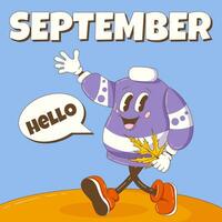 Hello September. Retro groovy sweater character greets and holding a maple leaf. Autumn, fall background, square format, dialog box. Vector cartoon illustration.