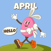 Hello April. Retro groovy easter egg character with bunny ears and bow greets and walks. Spring background, square format, dialog box. Happy Easter. Vector cartoon illustration.