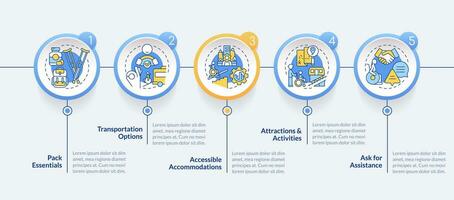 Accessible travel circle infographic template. Trip planning. Data visualization with 5 steps. Editable timeline info chart. Workflow layout with line icons vector