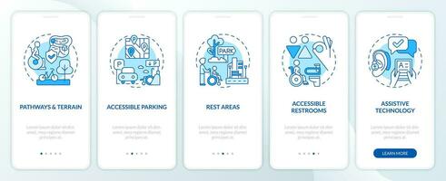 accesible al aire libre azul inducción móvil aplicación pantalla. No barrera recorrido 5 5 pasos editable gráfico instrucciones con lineal conceptos. ui, ux, gui modelo vector