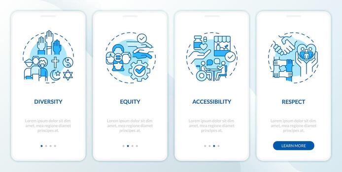 Social inclusion blue onboarding mobile app screen. Social justice walkthrough 4 steps editable graphic instructions with linear concepts. UI, UX, GUI template vector