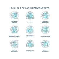Pillars of inclusion turquoise concept icons set. Equal opportunity. Sustainable development. Anti discrimination. Social justice idea thin line color illustrations. Isolated symbols. Editable stroke vector
