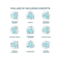 Pillars of inclusion turquoise concept icons set. Equal opportunity. Sustainable development. Anti discrimination. Social justice idea thin line color illustrations. Isolated symbols. Editable stroke vector