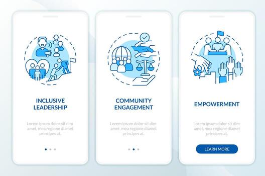 Create inclusive culture blue onboarding mobile app screen. Walkthrough 3 steps editable graphic instructions with linear concepts. UI, UX, GUI template vector