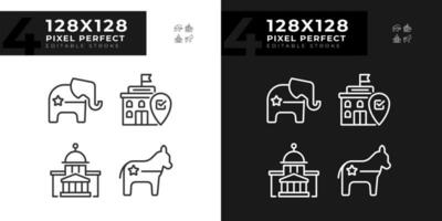 Pixel perfect set of icons for dark and light mode representing voting and political parties, editable politics and election signs for day and night theme. vector
