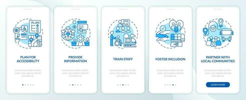 Inclusive travel blue onboarding mobile app screen. Barrier free walkthrough 5 steps editable graphic instructions with linear concepts. UI, UX, GUI template vector