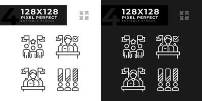 2D pixel perfect illustration of dark and light theme icons representing election, editable voting signs for day and night mode. vector