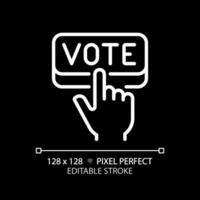 Pixel perfect white linear icon of hand pressing vote, vector illustration representing voting, editable election sign for dark mode.