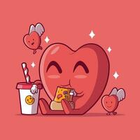 Heart character eating a slice of pizza vector illustration. Food, love, funny design concept.