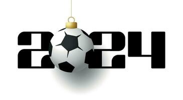 Happy New Year 2024 and soccer ball. Sports greeting card with football ball. Vector illustration