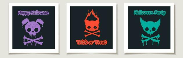 Set of Halloween cards with Set of three Skulls kitty, bad, bunny. Burning skull. Trendy isolated colorful Vector illustration. Greeting cards with Magic items.