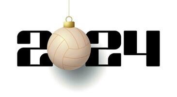 Happy New Year 2024 and volleyball ball. Sports greeting card with sport ball. Vector illustration